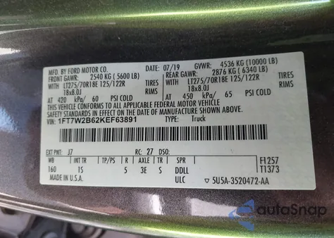 2019 Ford F-250 Xl из США, поврежденный, VIN 1FT7W2B62KEF63891